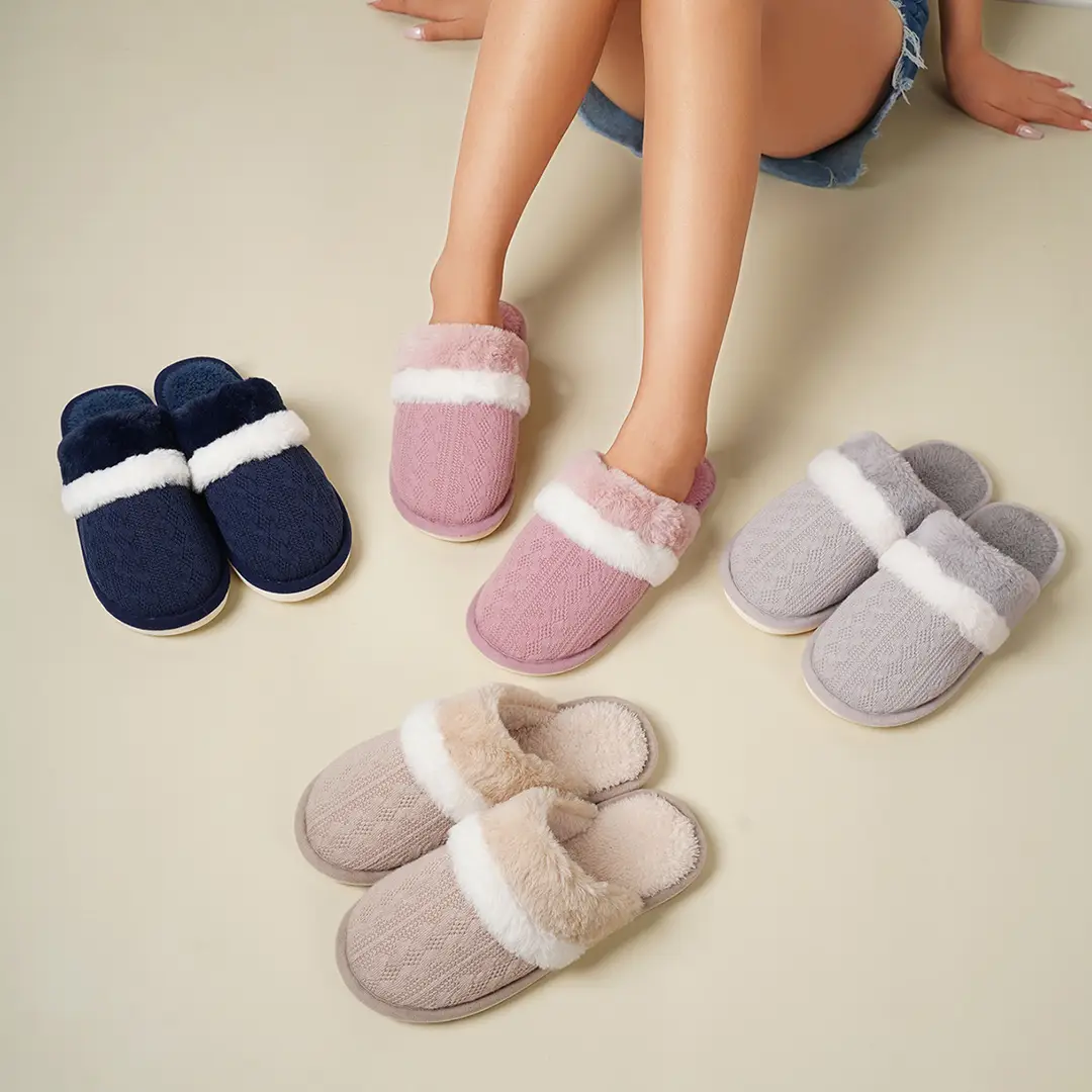 Cross-Border Wholesale Winter Furry Slippers for Home Use, Non-Slip, Warm, Plush, Thick-Soled, Couple Style Cotton Slippers