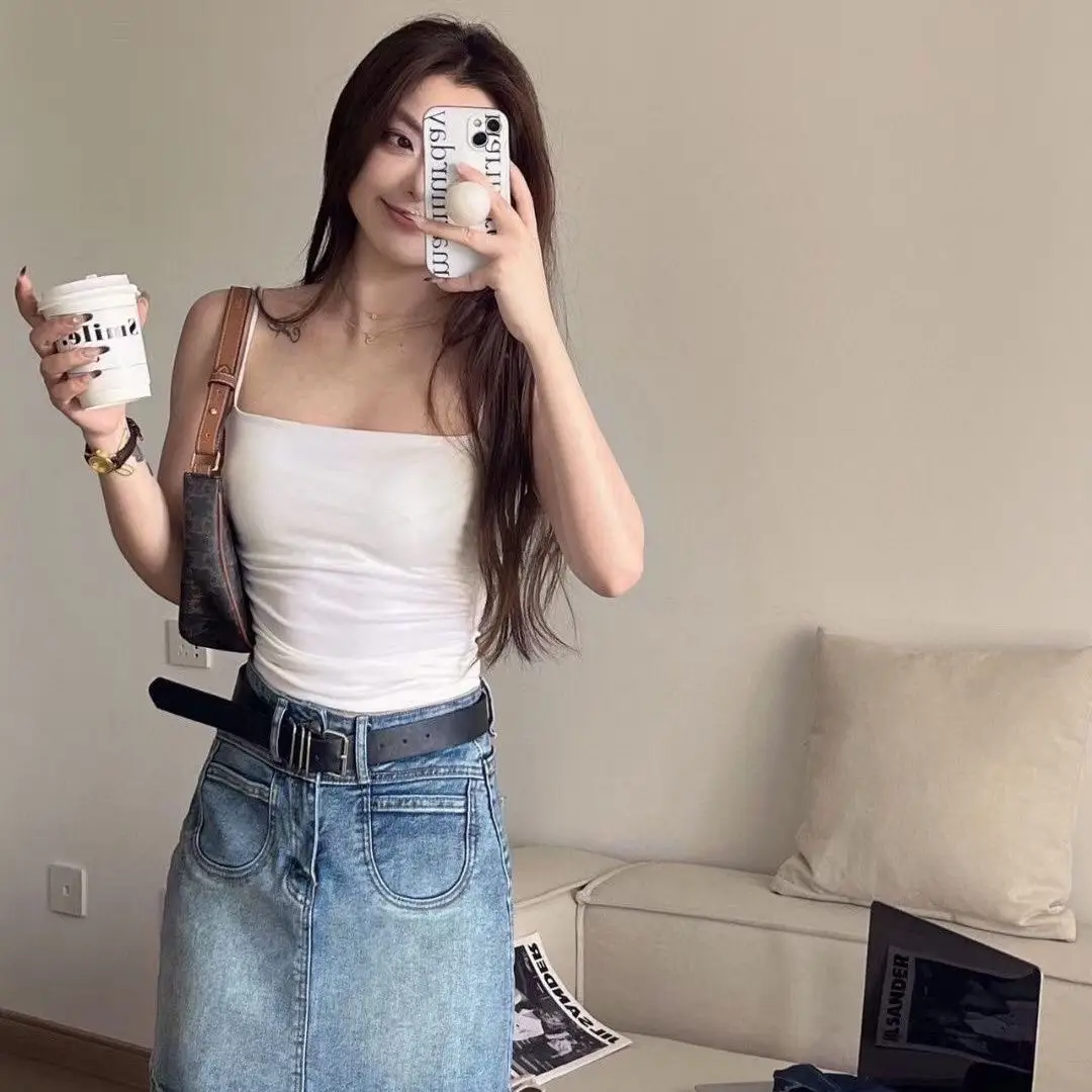 Hot Girls Pure Wish Pleated Camisole Women's Summer Thin Shoulder Strap Inner Wear Sweet and Hot Style Sleeveless Top Outer Wear with Chest Pad — feature 10