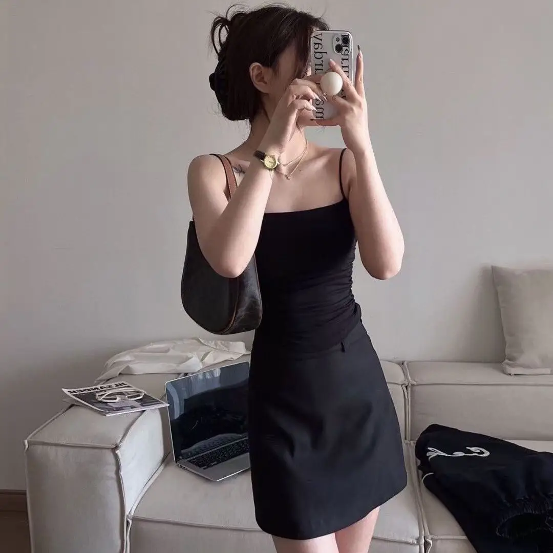 Hot Girls Pure Wish Pleated Camisole Women's Summer Thin Shoulder Strap Inner Wear Sweet and Hot Style Sleeveless Top Outer Wear with Chest Pad — feature 6