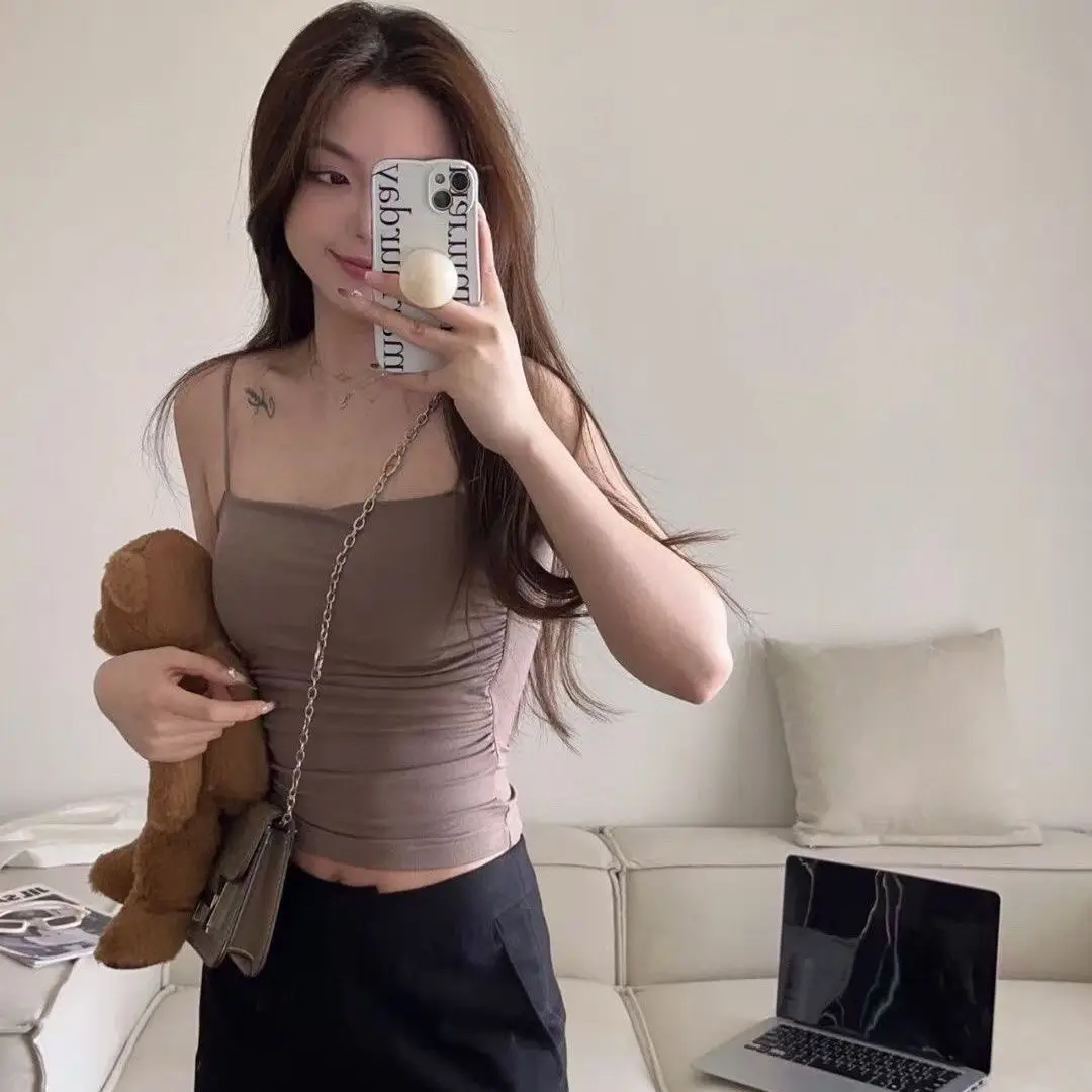 Hot Girls Pure Wish Pleated Camisole Women's Summer Thin Shoulder Strap Inner Wear Sweet and Hot Style Sleeveless Top Outer Wear with Chest Pad — feature 7