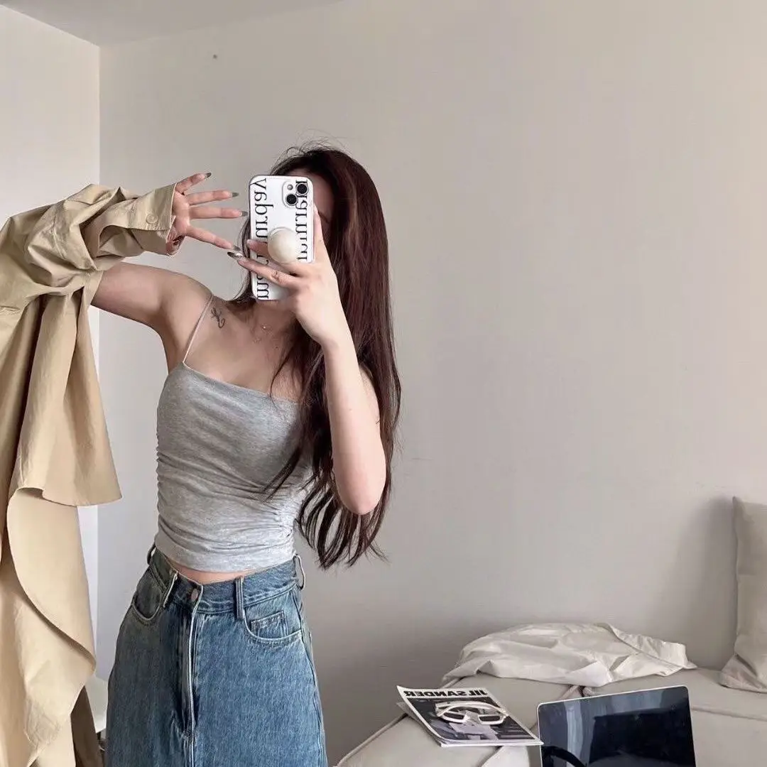 Hot Girls Pure Wish Pleated Camisole Women's Summer Thin Shoulder Strap Inner Wear Sweet and Hot Style Sleeveless Top Outer Wear with Chest Pad — feature 8