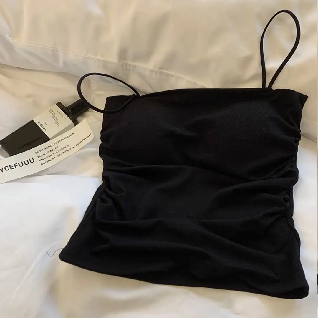 Hot Girls Pure Wish Pleated Camisole Women's Summer Thin Shoulder Strap Inner Wear Sweet and Hot Style Sleeveless Top Outer Wear with Chest Pad