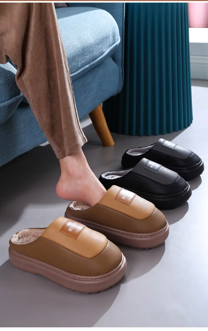 Cotton Slippers Men's 2024 New Winter Home Indoor Non-slip Warm Cotton Shoes Extras Large Size fleece-lined Thick Sole — feature 13