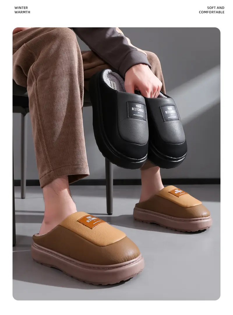 Cotton Slippers Men's 2024 New Winter Home Indoor Non-slip Warm Cotton Shoes Extras Large Size fleece-lined Thick Sole — feature 18