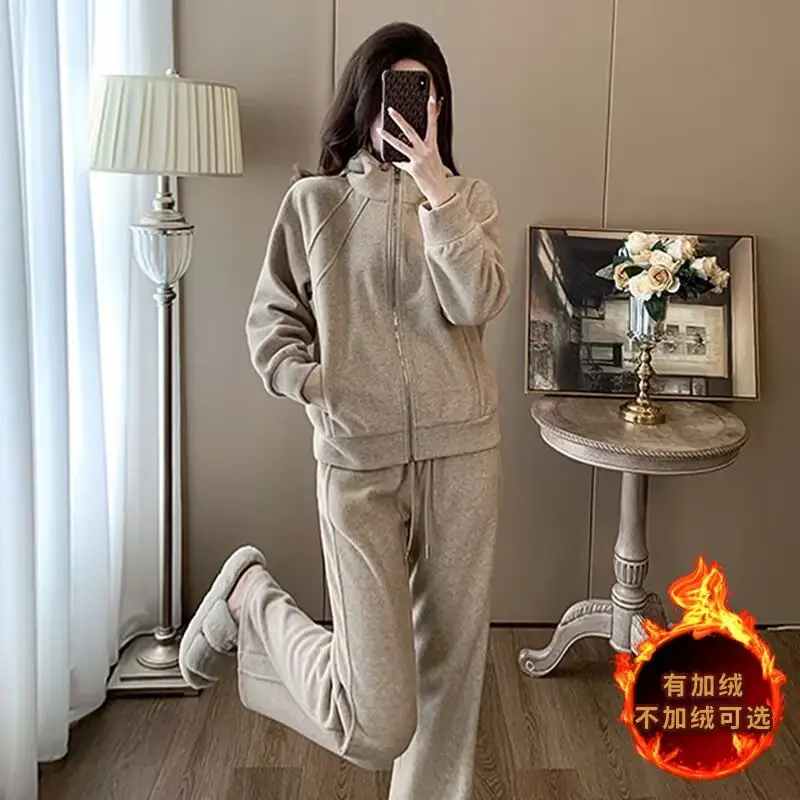 Fashionable and Stylish Fleece-Lined Sports Suit 2026 Women's Autumn and Winter New Style Zip-Up Hooded Sweatshirt and Wide-Leg Pants Two-Piece Set Trendy