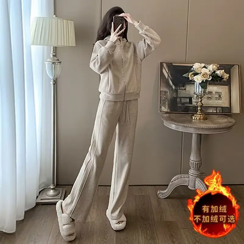 Fashionable and Stylish Fleece-Lined Sports Suit 2026 Women's Autumn and Winter New Style Zip-Up Hooded Sweatshirt and Wide-Leg Pants Two-Piece Set Trendy