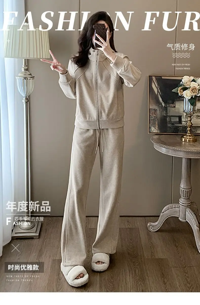 Fashionable and Stylish Fleece-Lined Sports Suit 2026 Women's Autumn and Winter New Style Zip-Up Hooded Sweatshirt and Wide-Leg Pants Two-Piece Set Trendy — feature 13