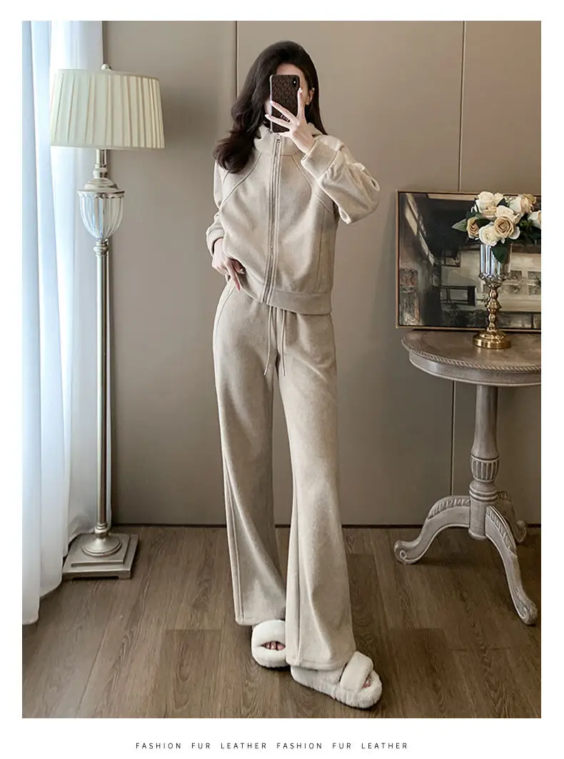 Fashionable and Stylish Fleece-Lined Sports Suit 2026 Women's Autumn and Winter New Style Zip-Up Hooded Sweatshirt and Wide-Leg Pants Two-Piece Set Trendy — feature 18