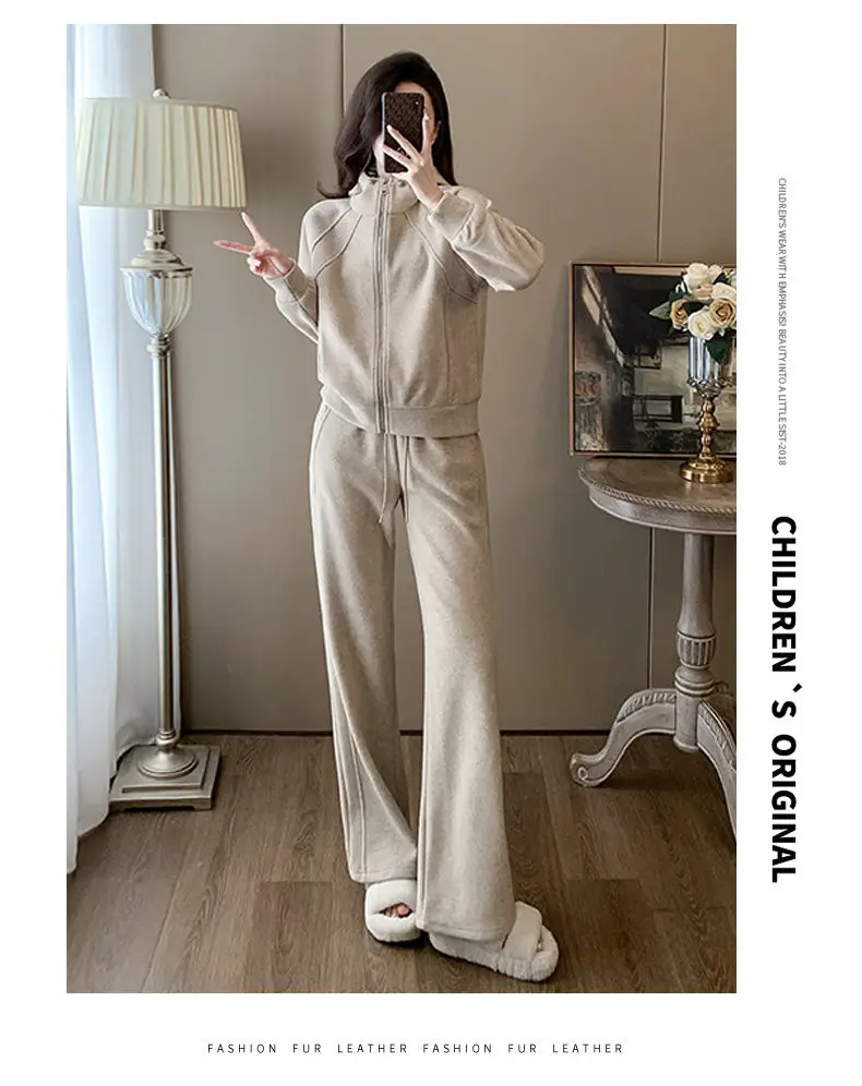 Fashionable and Stylish Fleece-Lined Sports Suit 2026 Women's Autumn and Winter New Style Zip-Up Hooded Sweatshirt and Wide-Leg Pants Two-Piece Set Trendy — feature 19