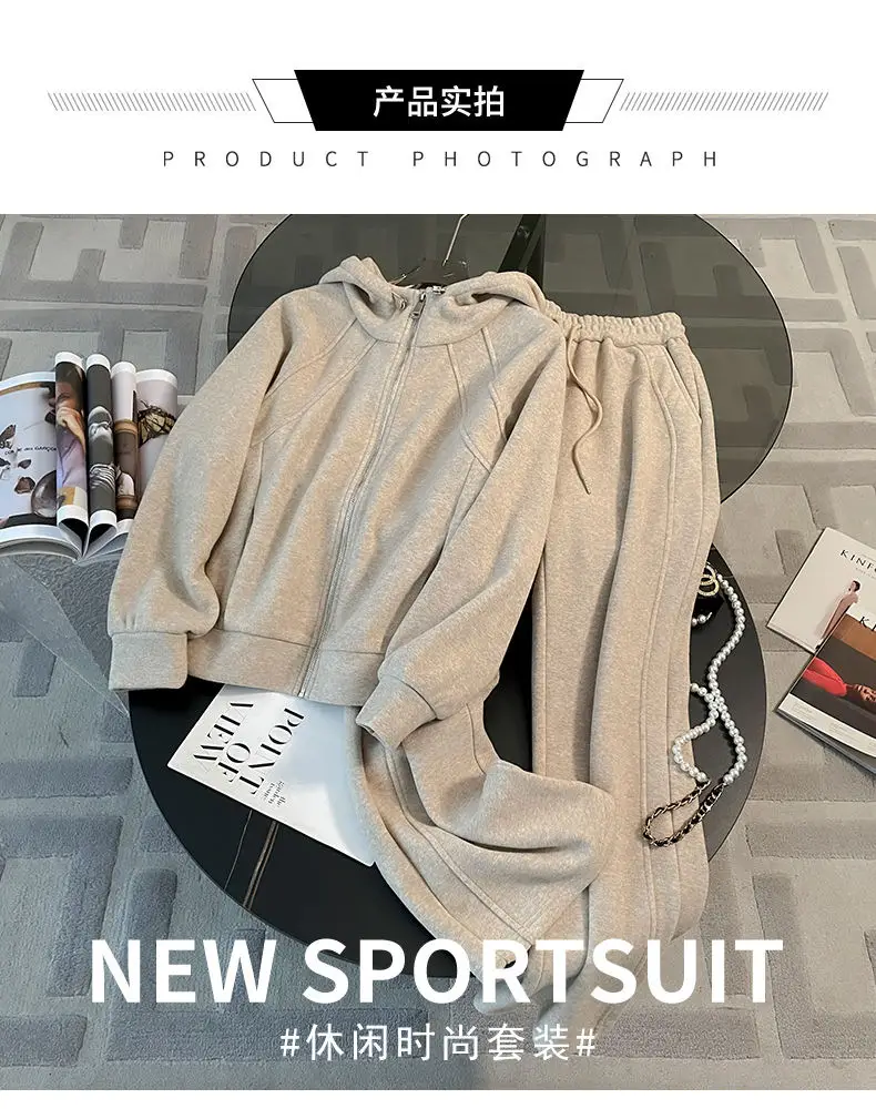 Fashionable and Stylish Fleece-Lined Sports Suit 2026 Women's Autumn and Winter New Style Zip-Up Hooded Sweatshirt and Wide-Leg Pants Two-Piece Set Trendy — feature 2