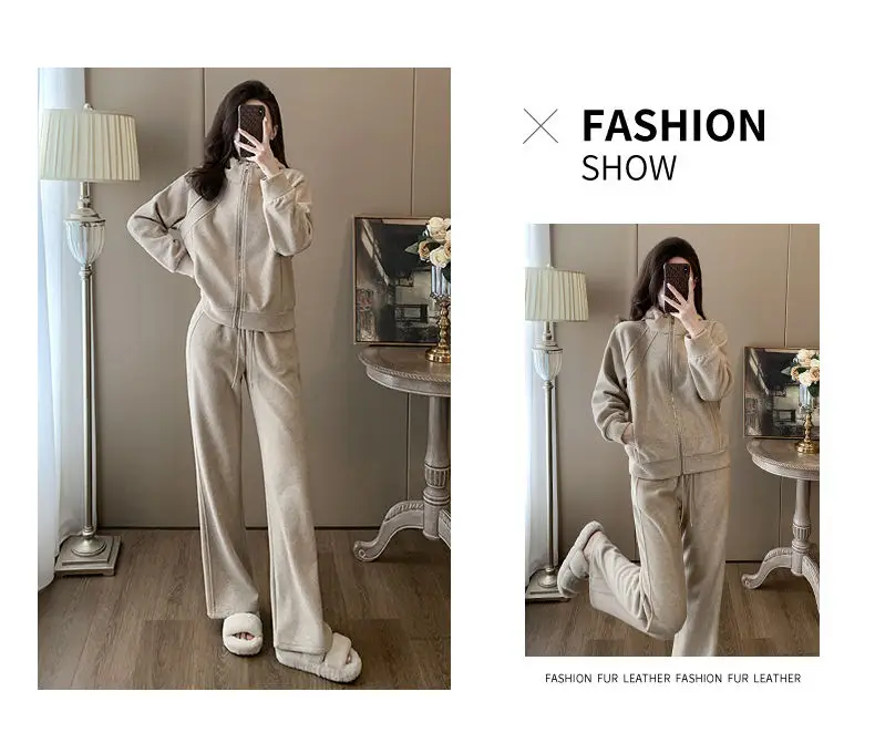 Fashionable and Stylish Fleece-Lined Sports Suit 2026 Women's Autumn and Winter New Style Zip-Up Hooded Sweatshirt and Wide-Leg Pants Two-Piece Set Trendy — feature 20