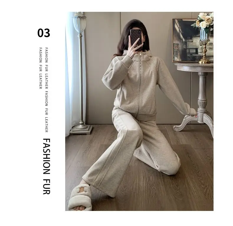 Fashionable and Stylish Fleece-Lined Sports Suit 2026 Women's Autumn and Winter New Style Zip-Up Hooded Sweatshirt and Wide-Leg Pants Two-Piece Set Trendy — feature 21