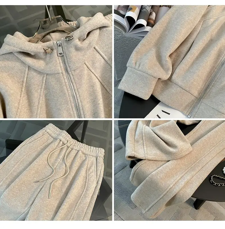 Fashionable and Stylish Fleece-Lined Sports Suit 2026 Women's Autumn and Winter New Style Zip-Up Hooded Sweatshirt and Wide-Leg Pants Two-Piece Set Trendy — feature 3