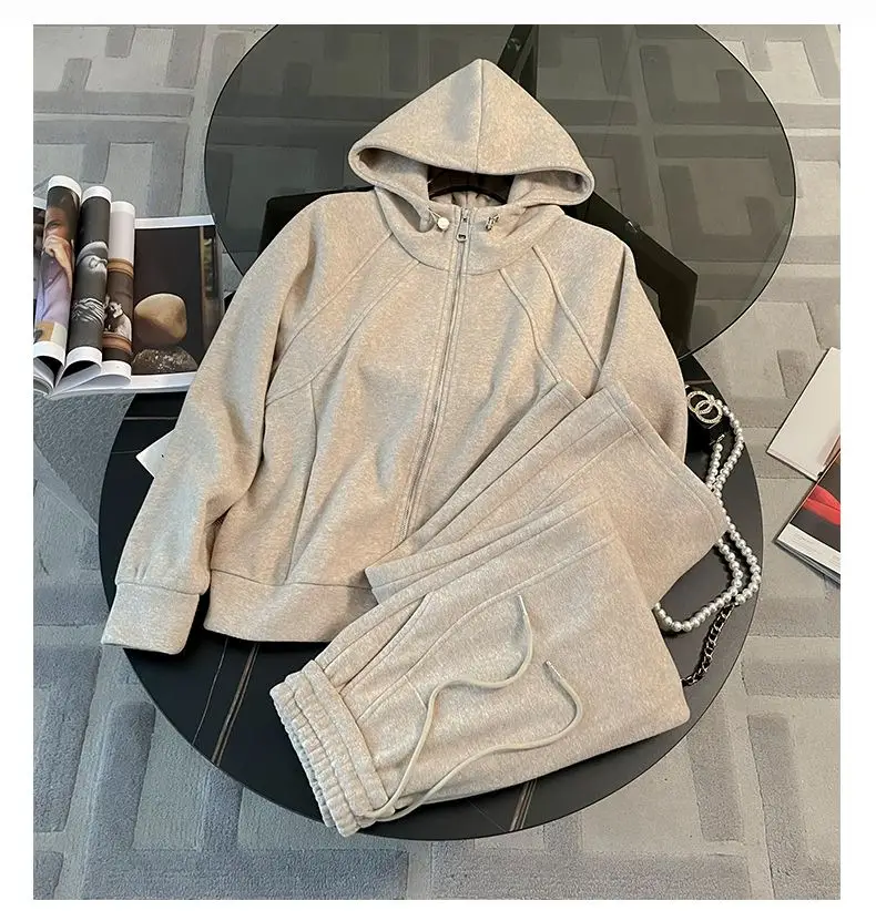 Fashionable and Stylish Fleece-Lined Sports Suit 2026 Women's Autumn and Winter New Style Zip-Up Hooded Sweatshirt and Wide-Leg Pants Two-Piece Set Trendy — feature 4
