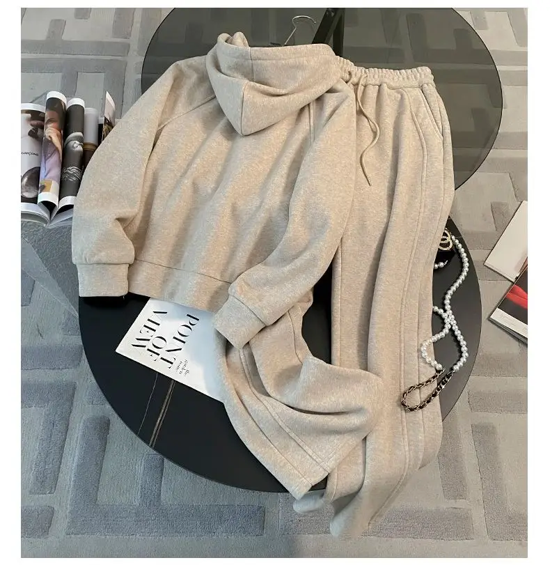 Fashionable and Stylish Fleece-Lined Sports Suit 2026 Women's Autumn and Winter New Style Zip-Up Hooded Sweatshirt and Wide-Leg Pants Two-Piece Set Trendy — feature 5