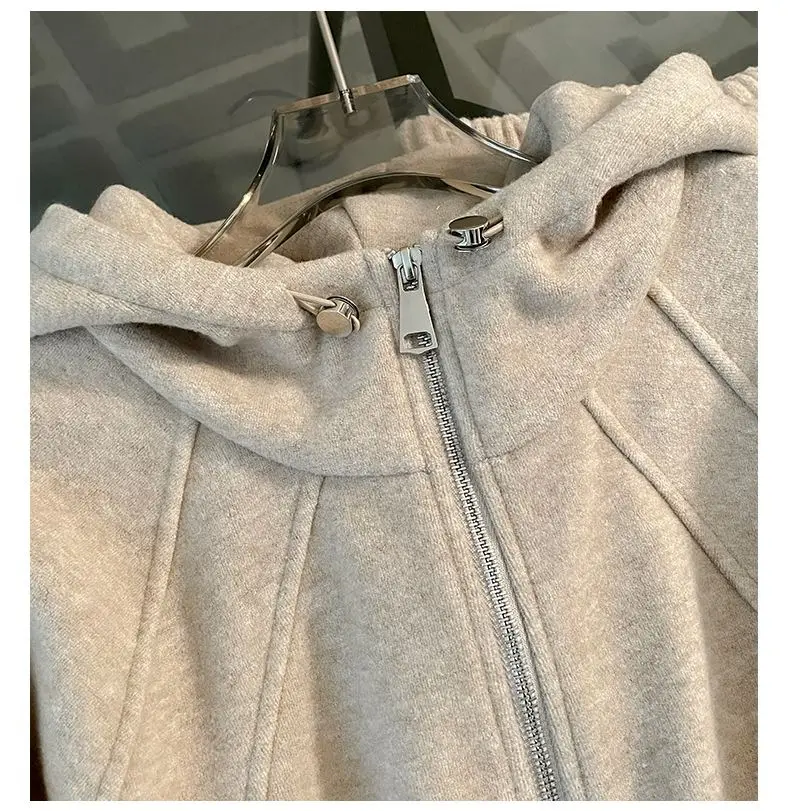 Fashionable and Stylish Fleece-Lined Sports Suit 2026 Women's Autumn and Winter New Style Zip-Up Hooded Sweatshirt and Wide-Leg Pants Two-Piece Set Trendy — feature 8