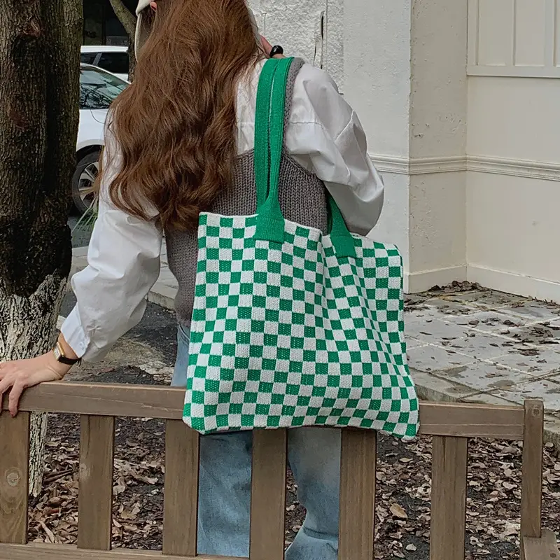 Green Checkboard Vintage Knitted Shoulder Bag Large Capacity
