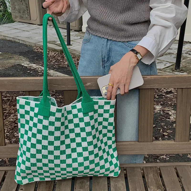 Green Checkboard Vintage Knitted Shoulder Bag Large Capacity
