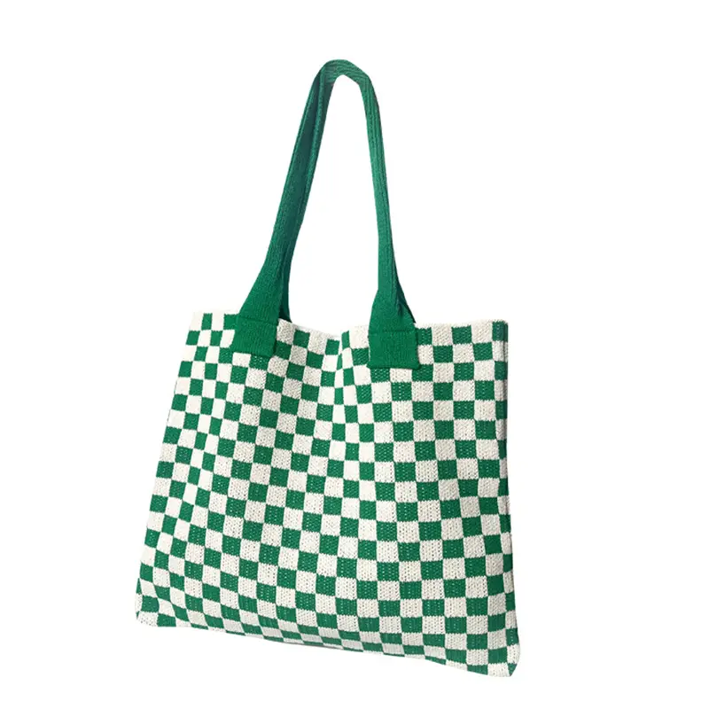 Green Checkboard Vintage Knitted Shoulder Bag Large Capacity