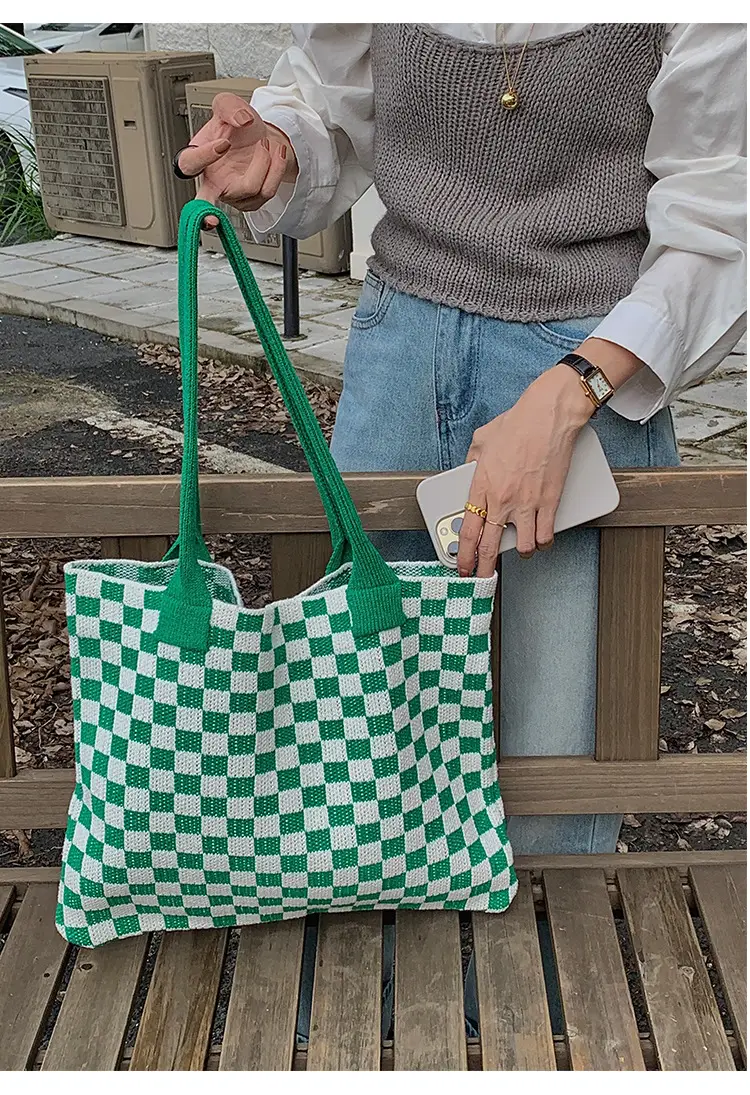 Green Checkboard Vintage Knitted Shoulder Bag Large Capacity — feature 13