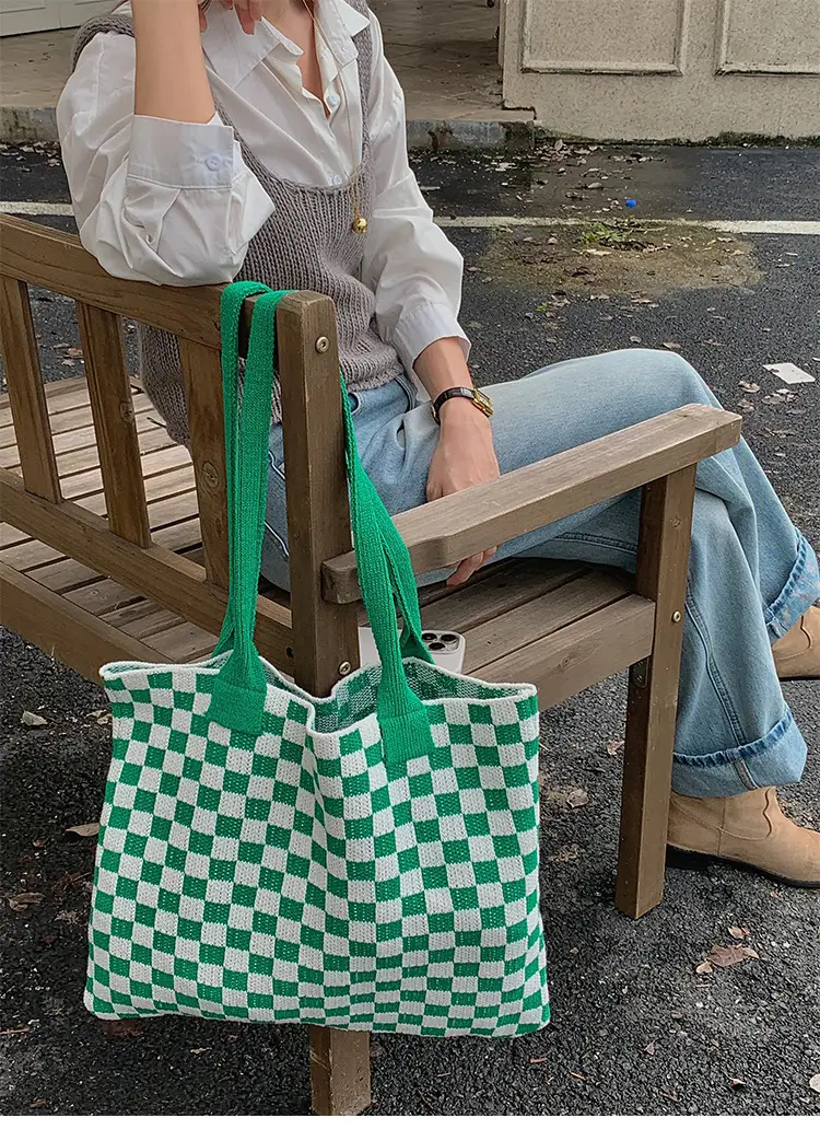 Green Checkboard Vintage Knitted Shoulder Bag Large Capacity — feature 14