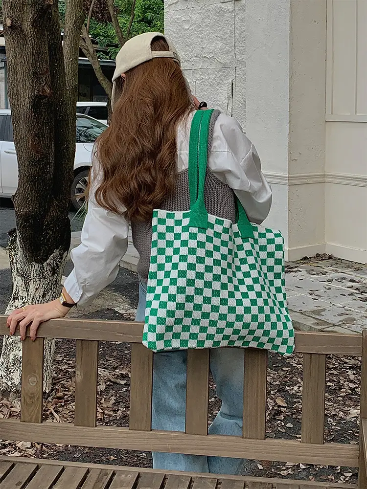 Green Checkboard Vintage Knitted Shoulder Bag Large Capacity — feature 15