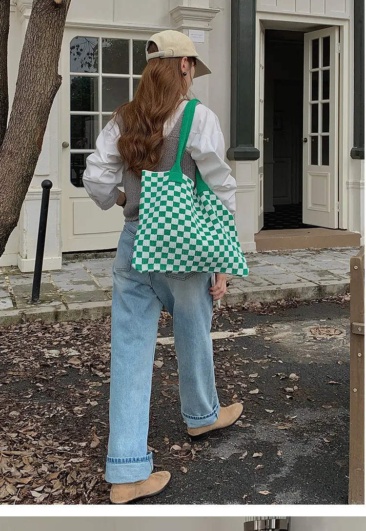 Green Checkboard Vintage Knitted Shoulder Bag Large Capacity — feature 17