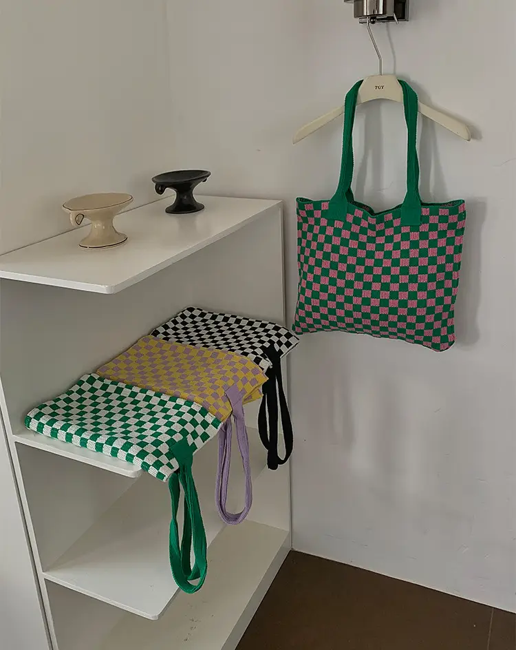 Green Checkboard Vintage Knitted Shoulder Bag Large Capacity — feature 18