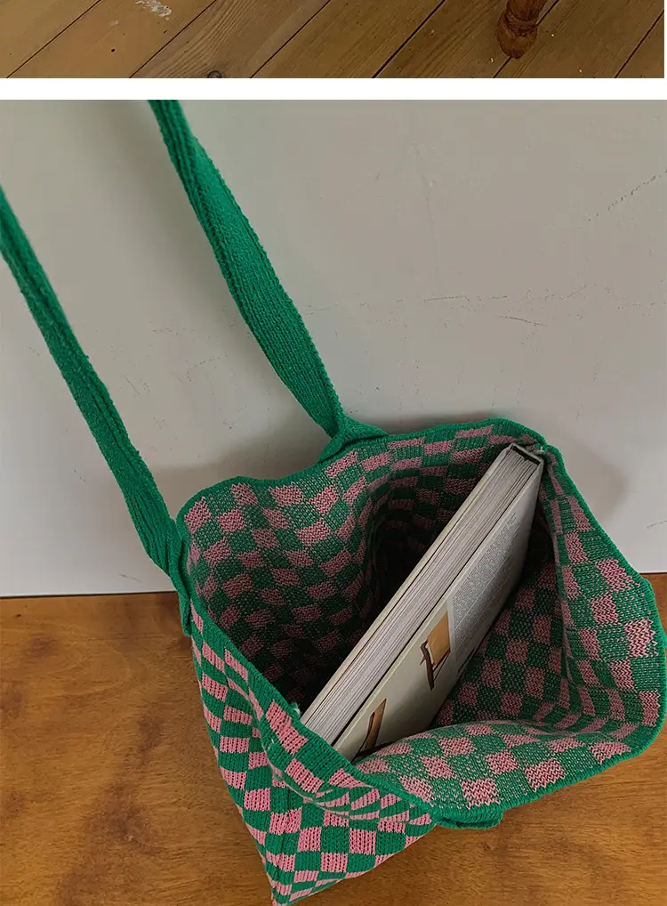 Green Checkboard Vintage Knitted Shoulder Bag Large Capacity — feature 21