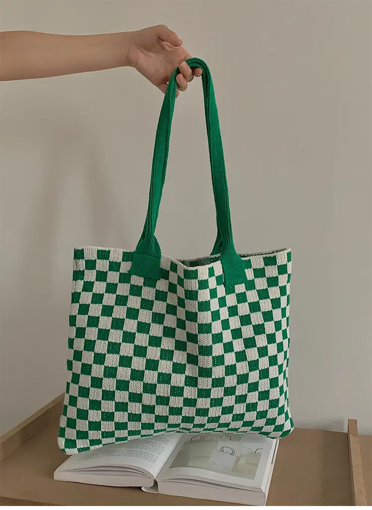 Green Checkboard Vintage Knitted Shoulder Bag Large Capacity — feature 25