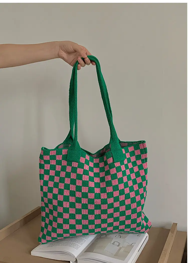 Green Checkboard Vintage Knitted Shoulder Bag Large Capacity — feature 26