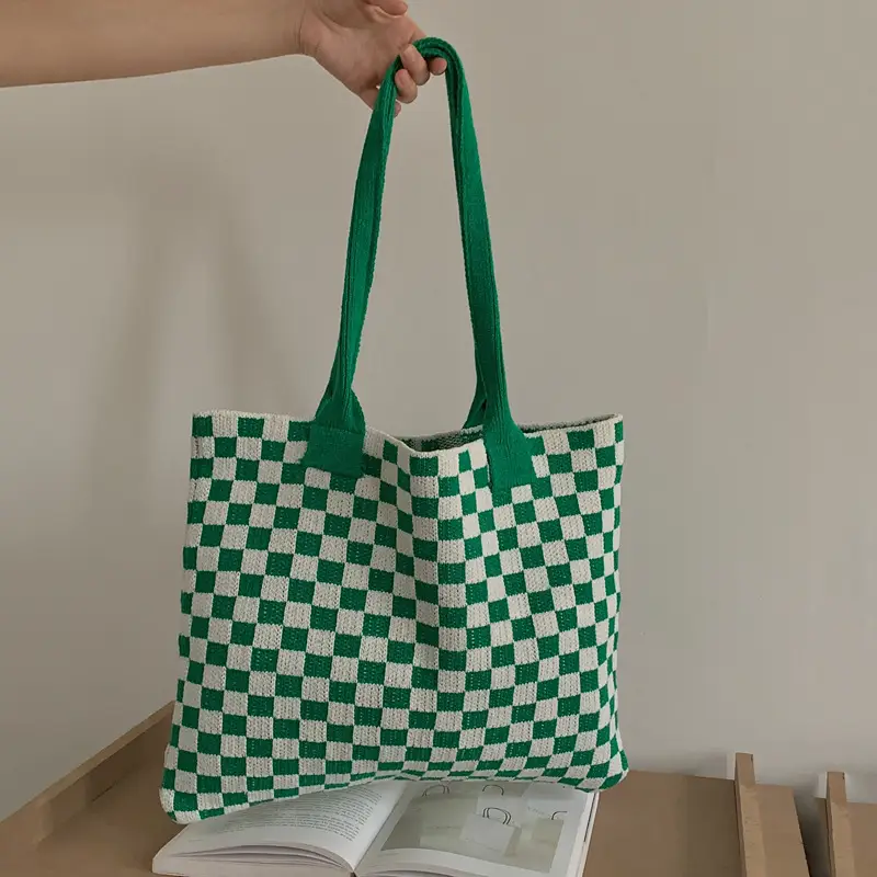 Green Checkboard Vintage Knitted Shoulder Bag Large Capacity