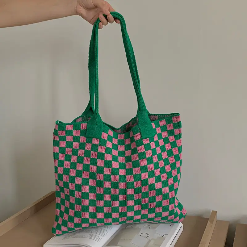 Green Checkboard Vintage Knitted Shoulder Bag Large Capacity