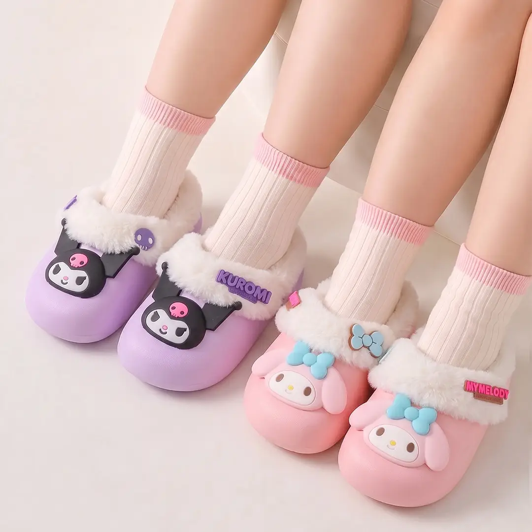 Sanrio Cotton Slippers Girls Cartoon Winter Indoor Home Non-Slip Kulomi Fleece Warm Cotton Slippers Cute