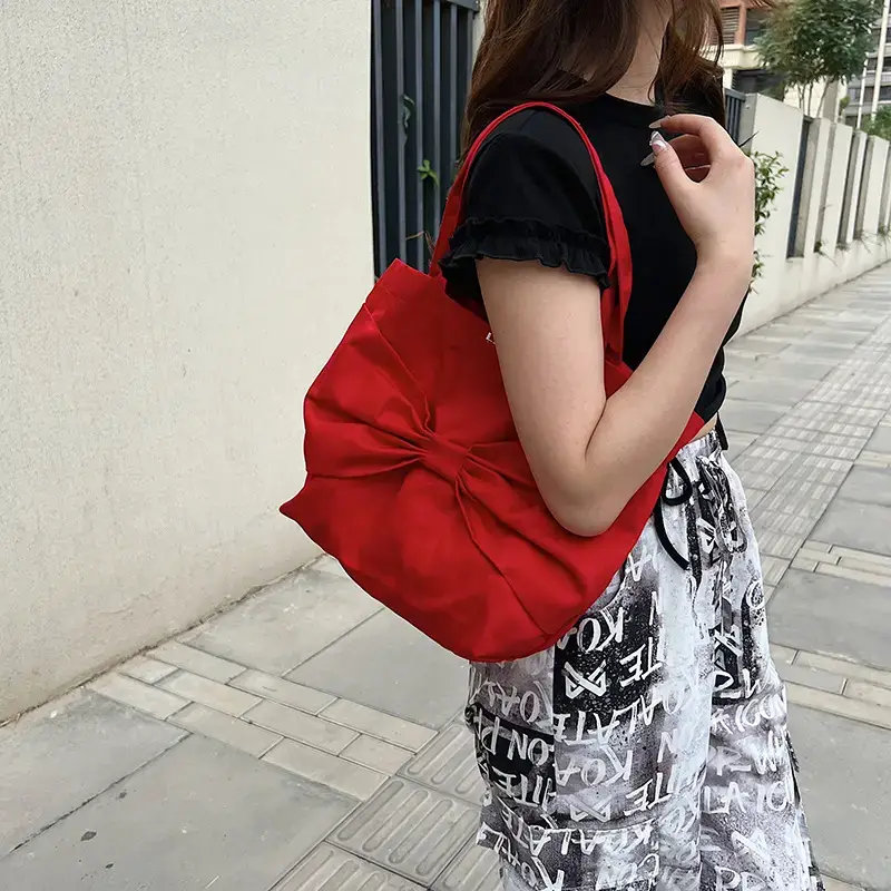 Red Knitted Bow Shoulder Bag for Women 2024
