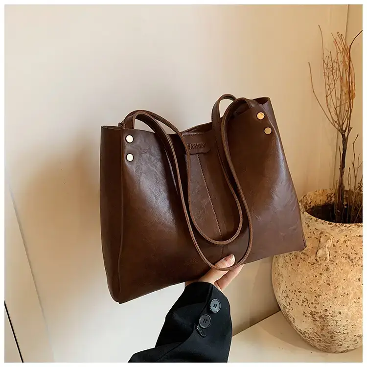 Women's 1-Shoulder Retro Tote Bag Black Large Capacity - Image 6