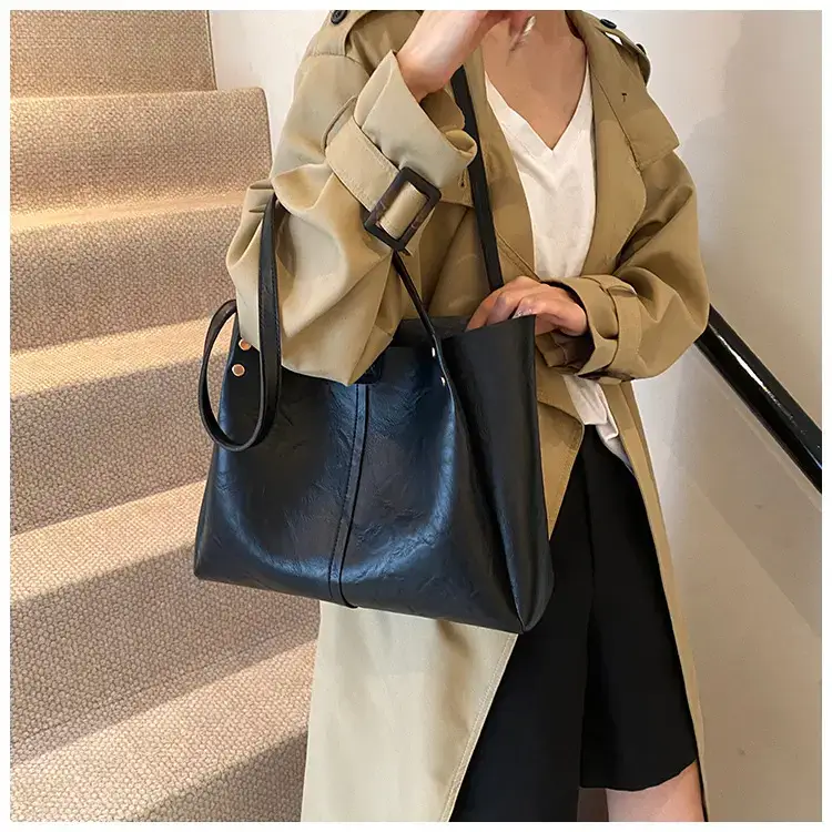 Women's 1-Shoulder Retro Tote Bag Black Large Capacity - Image 8