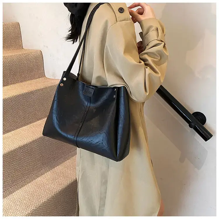 Women's 1-Shoulder Retro Tote Bag Black Large Capacity — feature 18