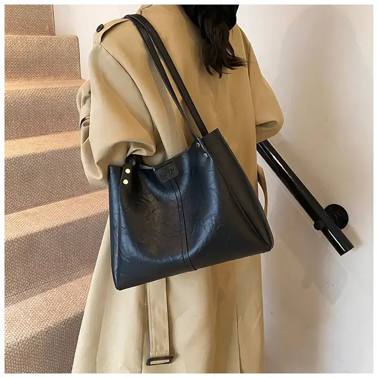 Women's 1-Shoulder Retro Tote Bag Black Large Capacity — feature 19