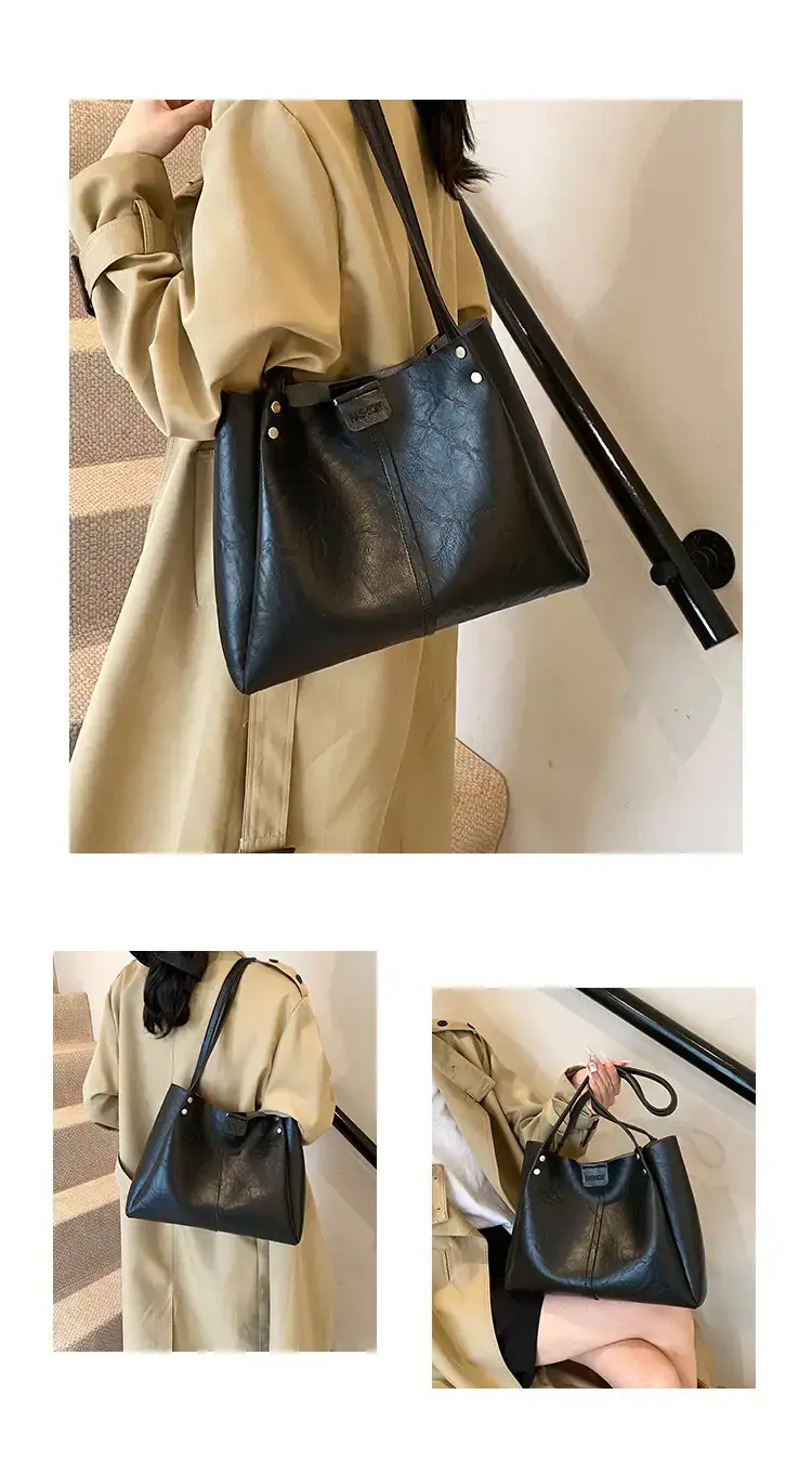 Women's 1-Shoulder Retro Tote Bag Black Large Capacity — feature 21