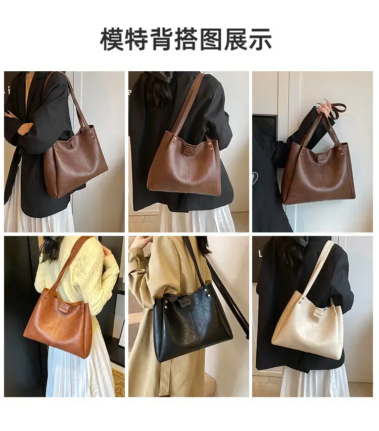 Women's 1-Shoulder Retro Tote Bag Black Large Capacity — feature 8