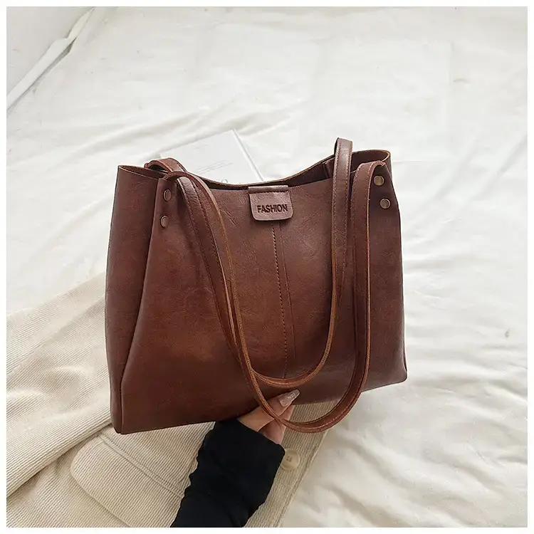 Women's 1-Shoulder Retro Tote Bag Black Large Capacity - Image 3