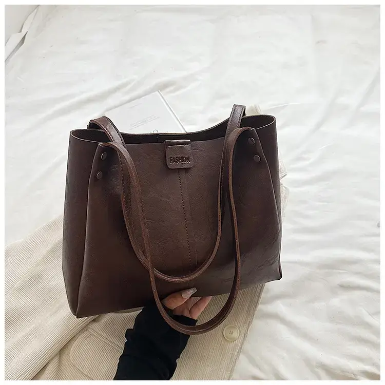 Women's 1-Shoulder Retro Tote Bag Black Large Capacity - Image 4