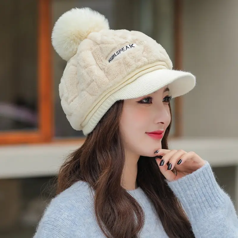 Women's Rabbit Fur Warm Winter Hat with Pom Pom - Image 6