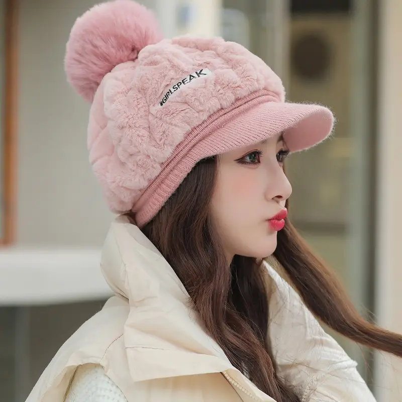 Women's Rabbit Fur Warm Winter Hat with Pom Pom - Image 7