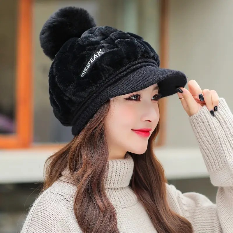 Women's Rabbit Fur Warm Winter Hat with Pom Pom - Image 8
