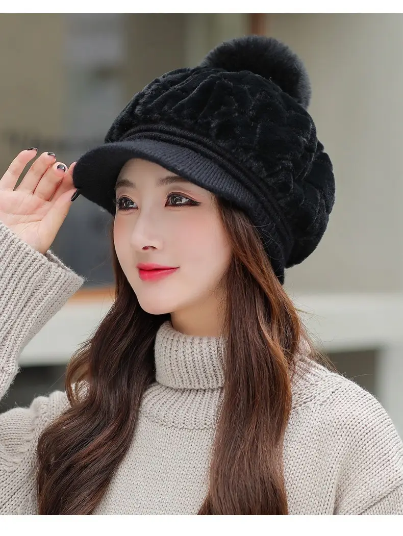 Women's Rabbit Fur Warm Winter Hat with Pom Pom — feature 10