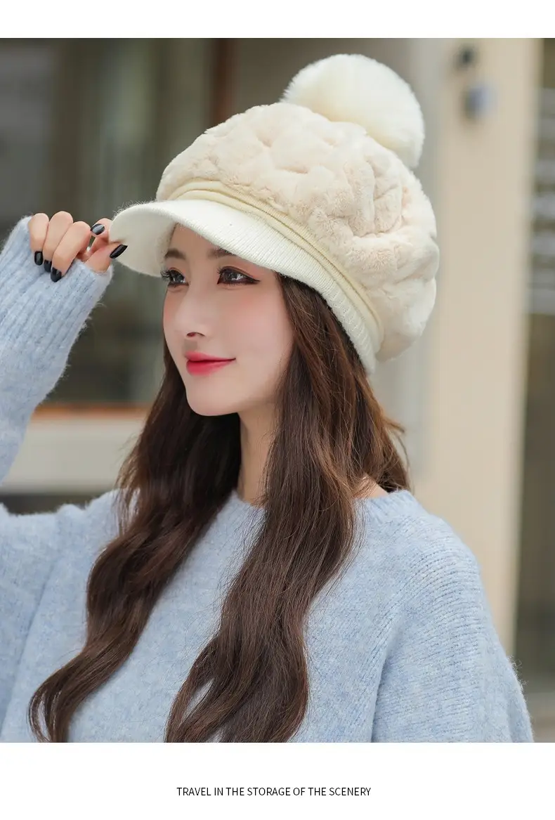 Women's Rabbit Fur Warm Winter Hat with Pom Pom — feature 12