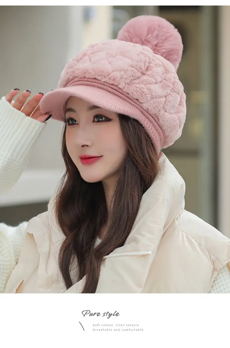 Women's Rabbit Fur Warm Winter Hat with Pom Pom — feature 15