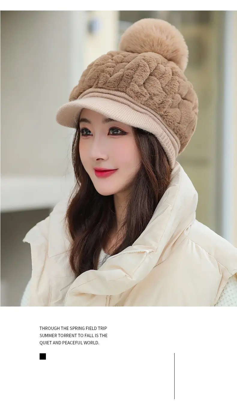 Women's Rabbit Fur Warm Winter Hat with Pom Pom — feature 18